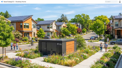 A sunlit suburban neighborhood with rooftop solar arrays and a community battery station