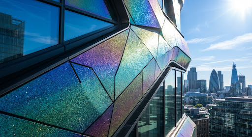 Iridescent solar paint on a modern building facade